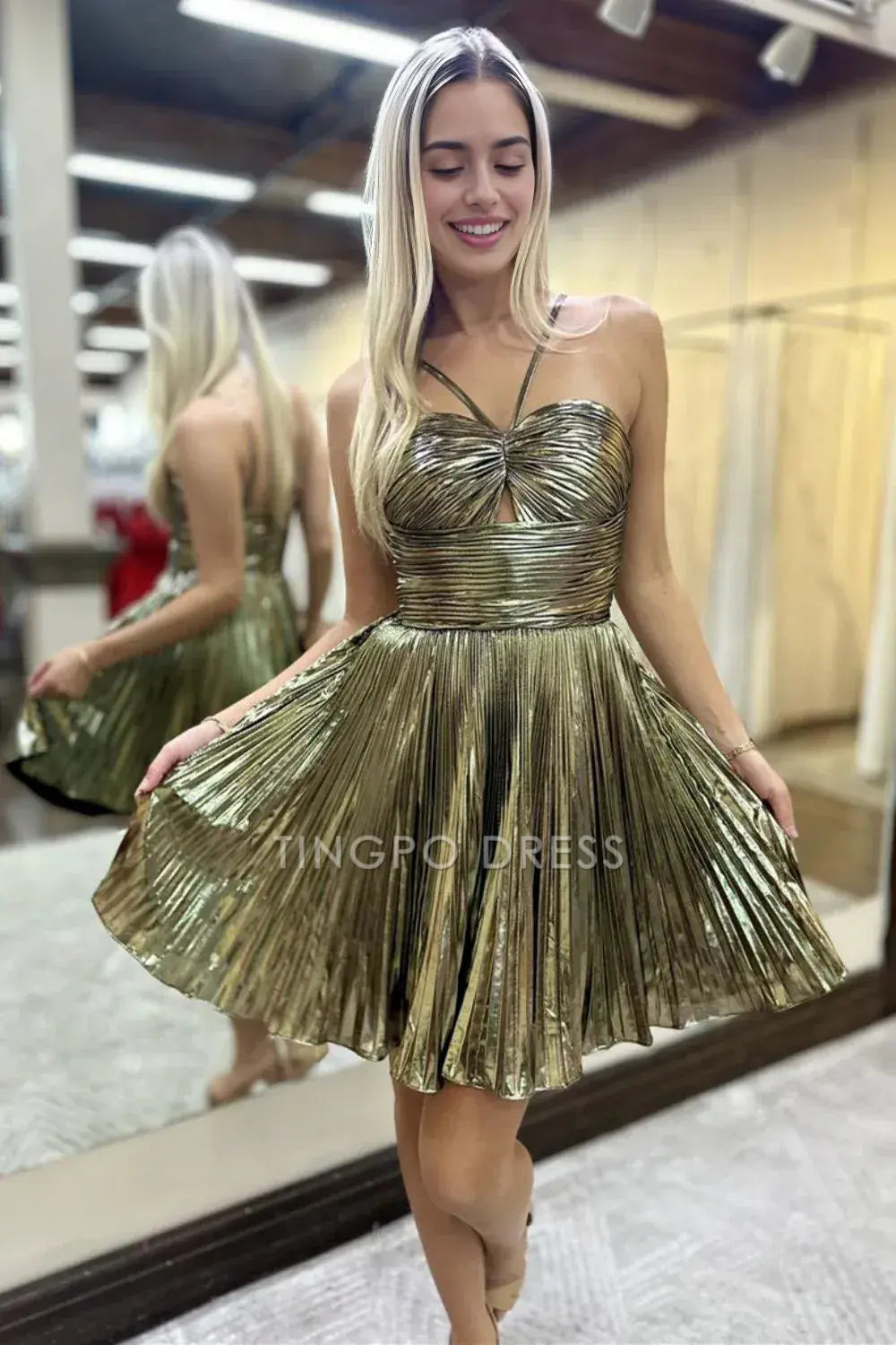 TingPo Wholesale Elegant A-Line Halter Neck Short Metallic Homecoming Dress with Pleating formal wear dresses