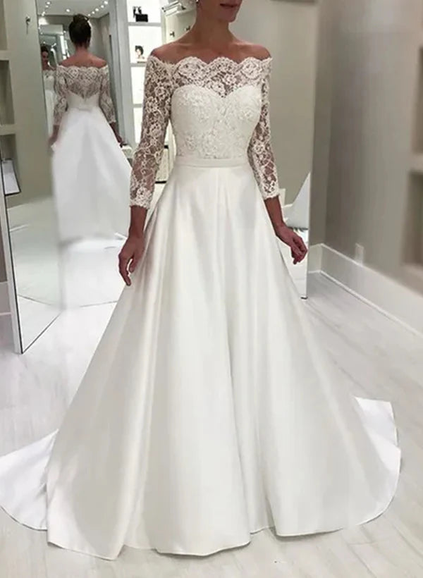 Wholesale A-Line/Princess Off-The-Shoulder Floor-Length Lace Wedding Dress