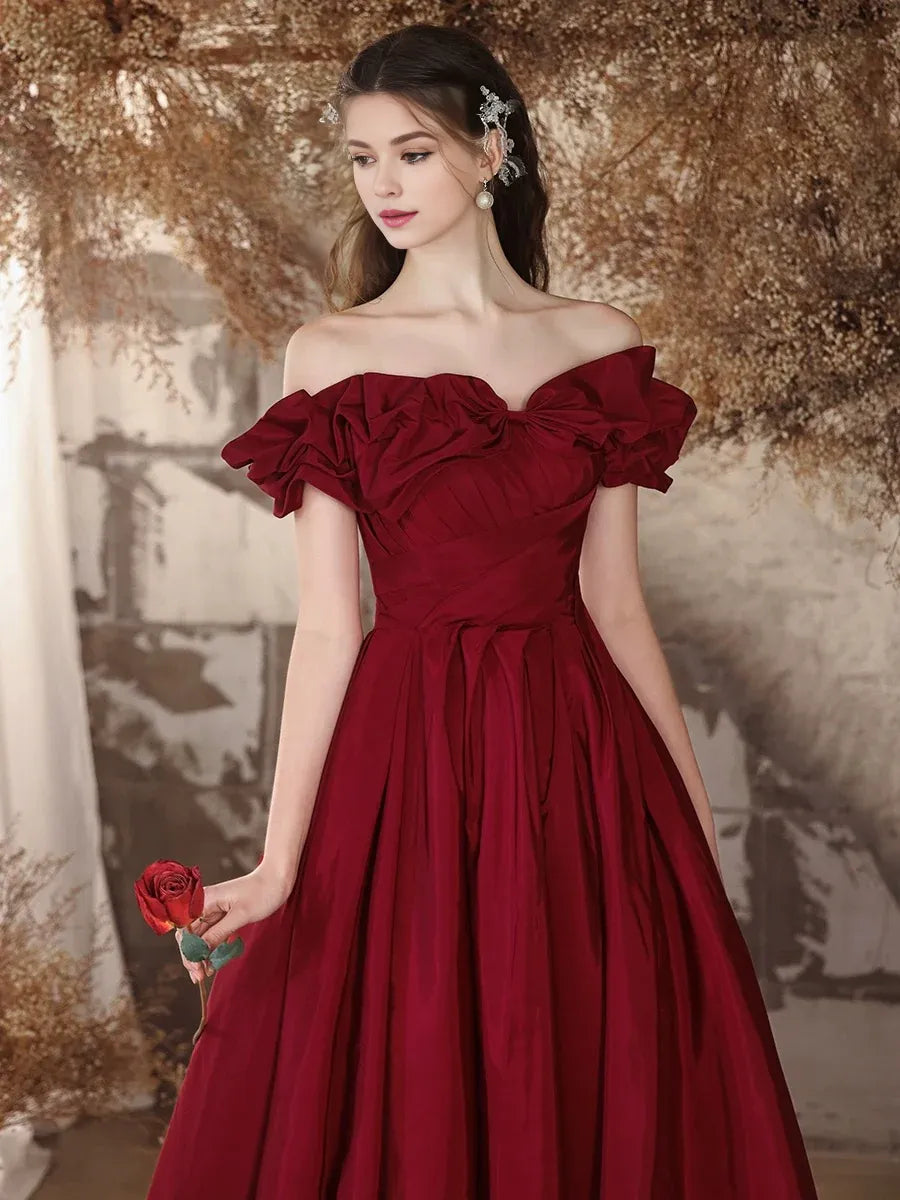Wholesale A-Line Off Shoulder Satin Burgundy Long Prom Dress gowns evening dresses