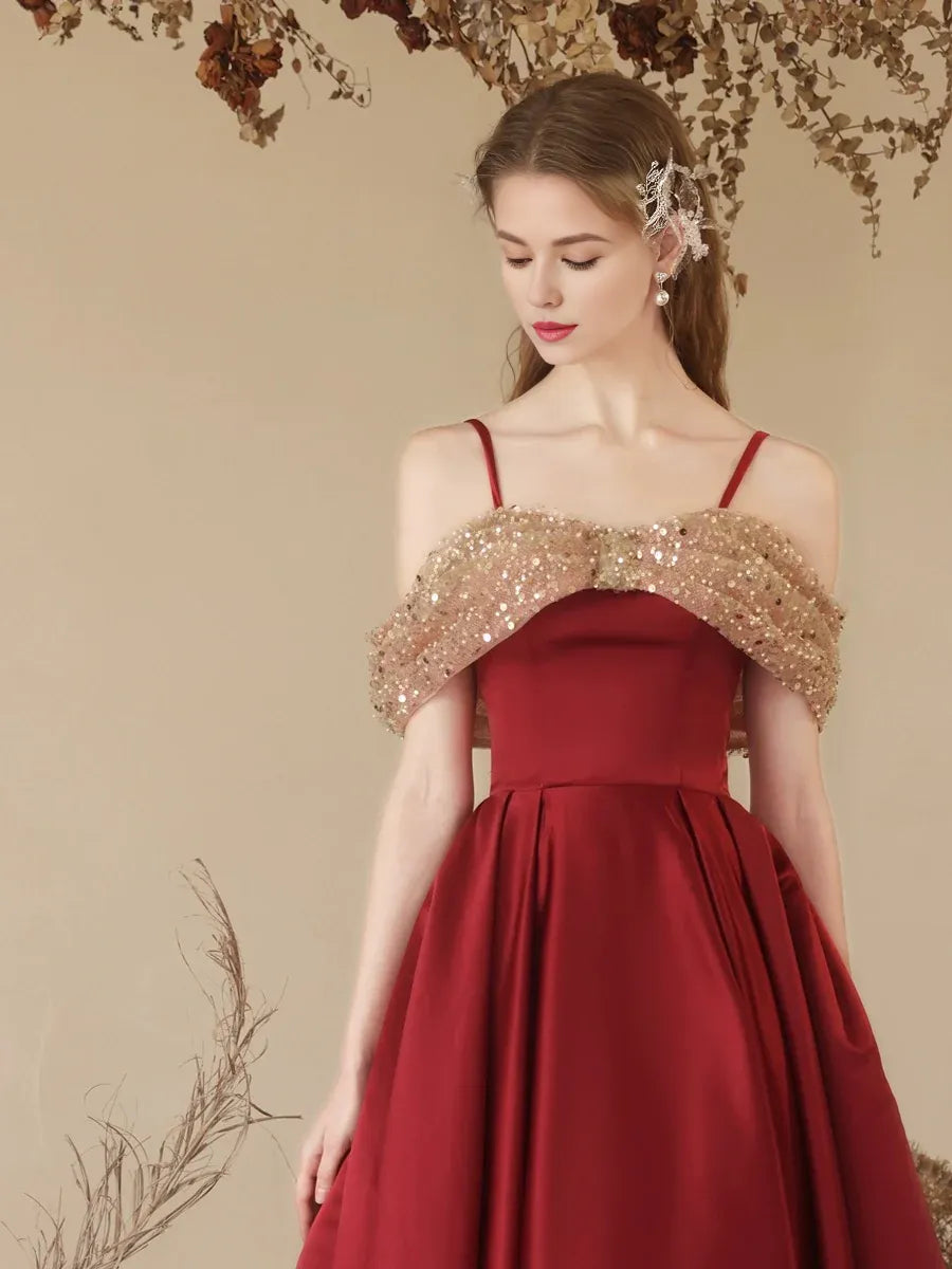 Wholesale A-Line Off Shoulder Sweetheart Neck Tea Length Burgundy Prom Dress gowns evening dresses