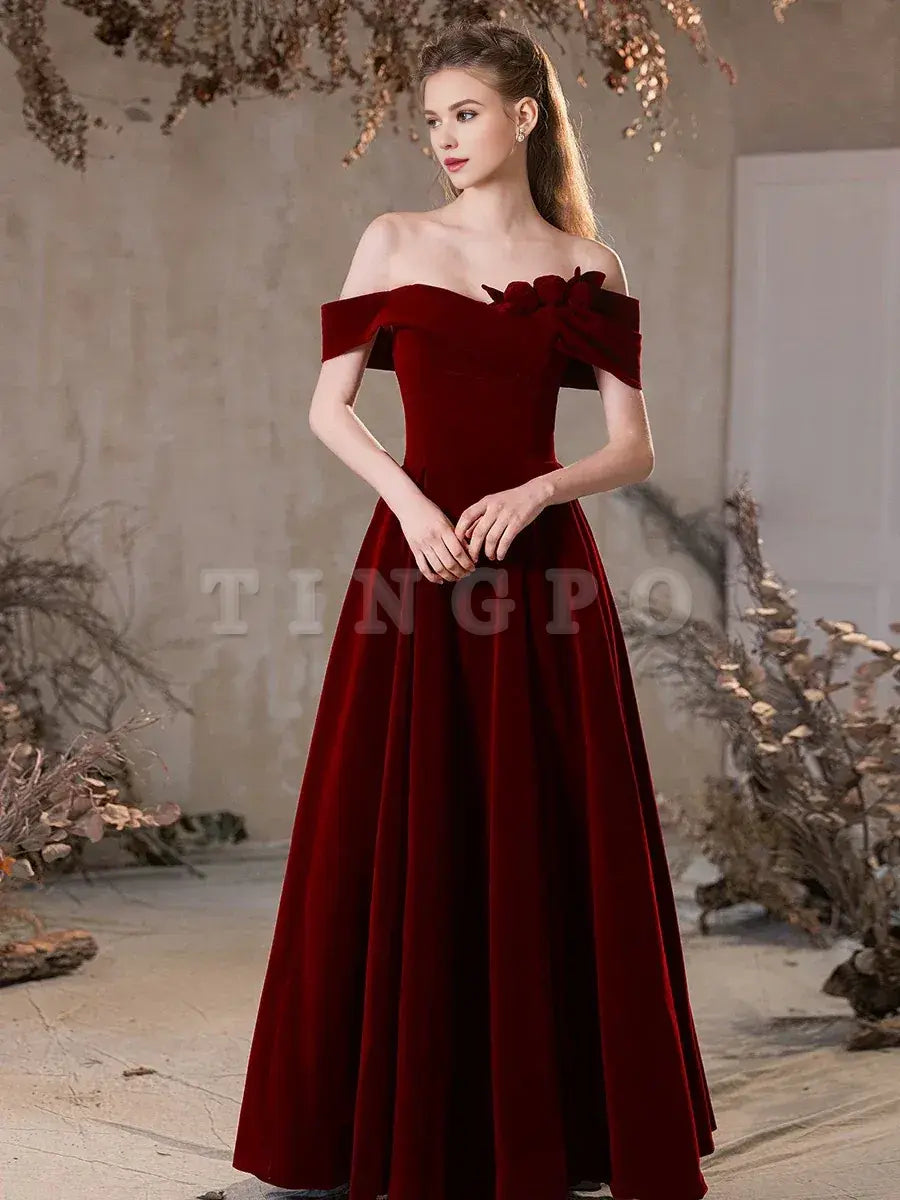 Wholesale A-Line Off Shoulder Velvet Burgundy Long Prom Dress Burgundy Long Formal Dress gowns evening dresses ﻿