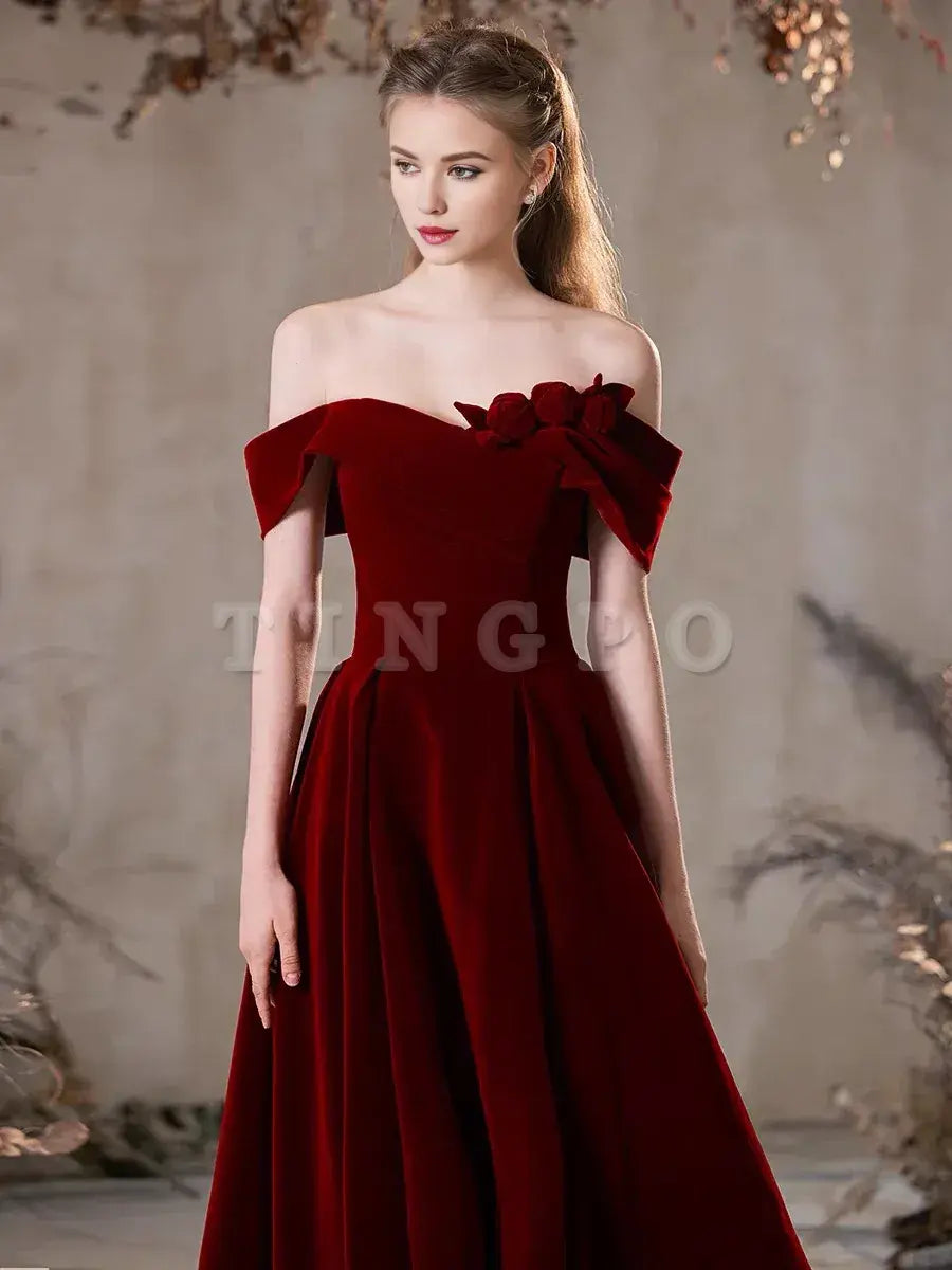 Wholesale A-Line Off Shoulder Velvet Burgundy Long Prom Dress Burgundy Long Formal Dress gowns evening dresses ﻿