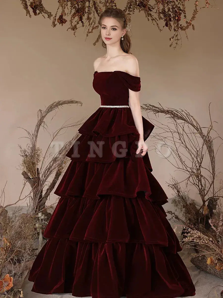 Wholesale A-Line Off Shoulder Velvet Burgundy Long Prom Dress Burgundy Long Formal Dressgowns evening dresses ﻿