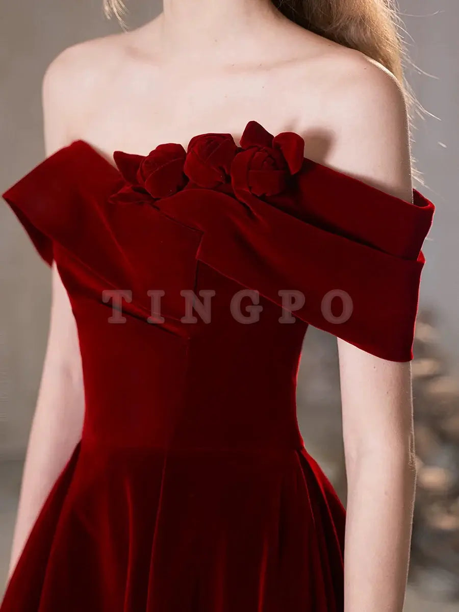 Wholesale A-Line Off Shoulder Velvet Burgundy Long Prom Dress Burgundy Long Formal Dress gowns evening dresses ﻿