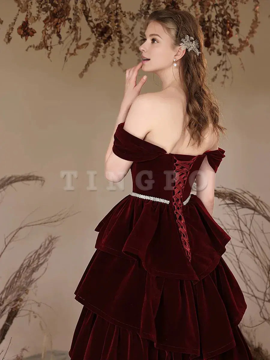 Wholesale A-Line Off Shoulder Velvet Burgundy Long Prom Dress Burgundy Long Formal Dressgowns evening dresses ﻿