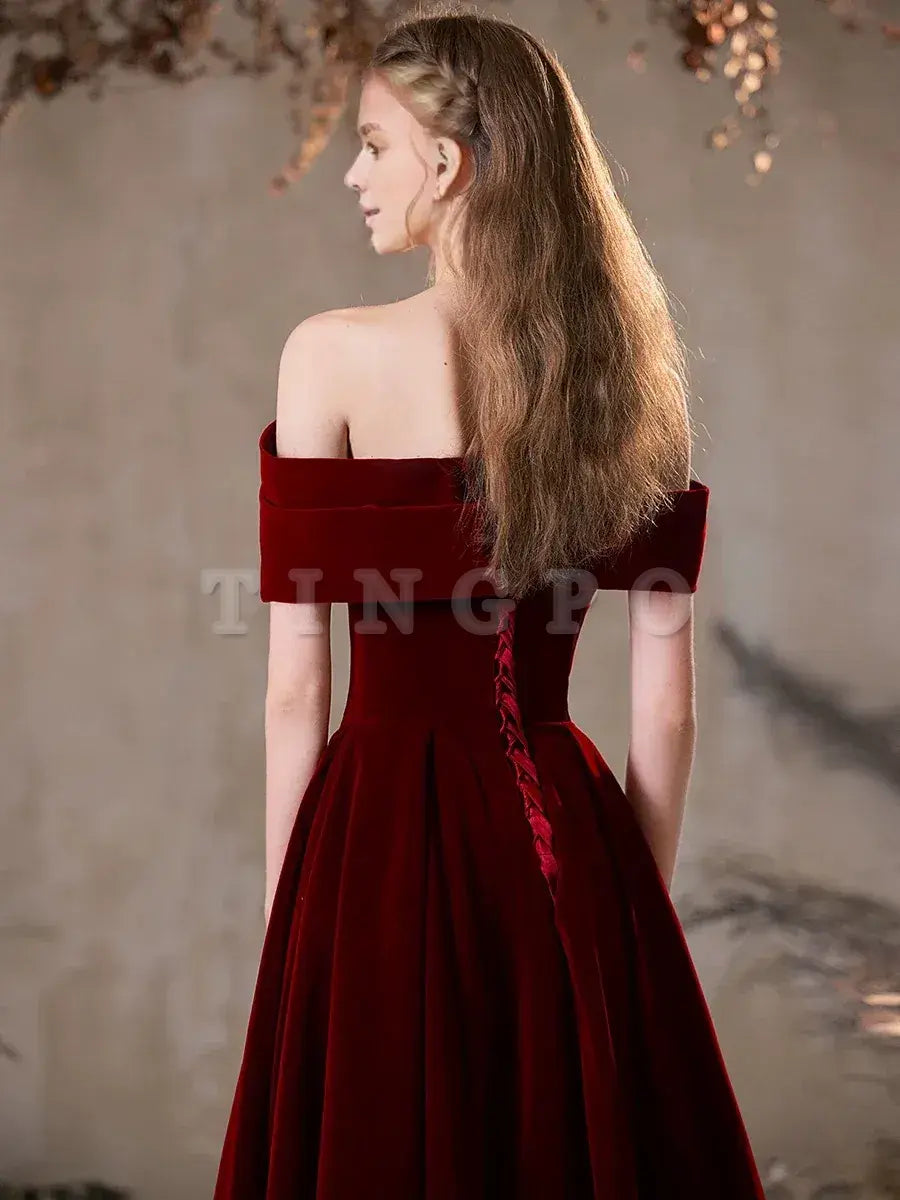 Wholesale A-Line Off Shoulder Velvet Burgundy Long Prom Dress Burgundy Long Formal Dress gowns evening dresses ﻿