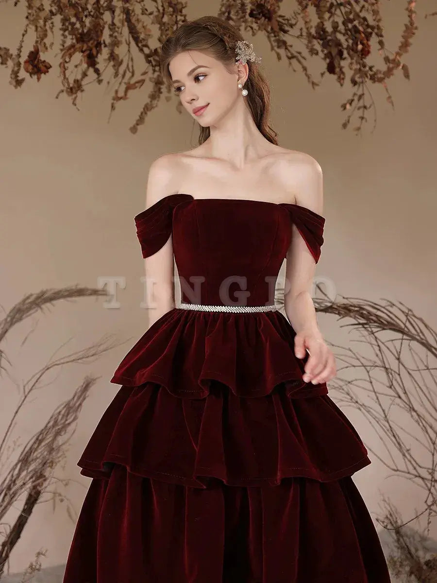 Wholesale A-Line Off Shoulder Velvet Burgundy Long Prom Dress Burgundy Long Formal Dressgowns evening dresses ﻿
