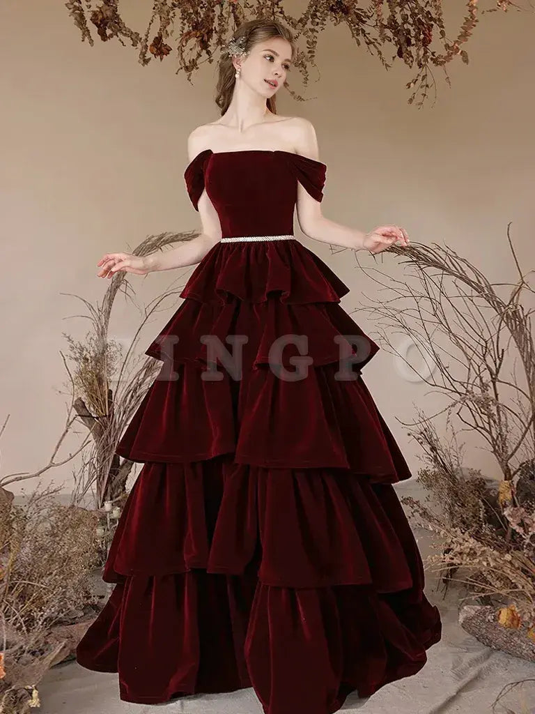 Wholesale A-Line Off Shoulder Velvet Burgundy Long Prom Dress Burgundy Long Formal Dressgowns evening dresses ﻿