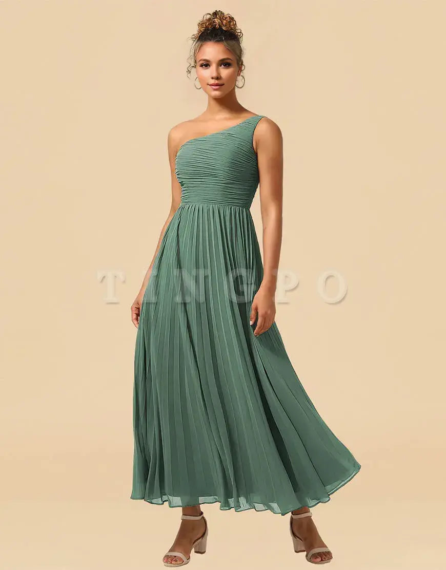 Wholesale A-Line One Shoulder Tea Length Chiffon Bridesmaid Dress Bridesmaid dress shop