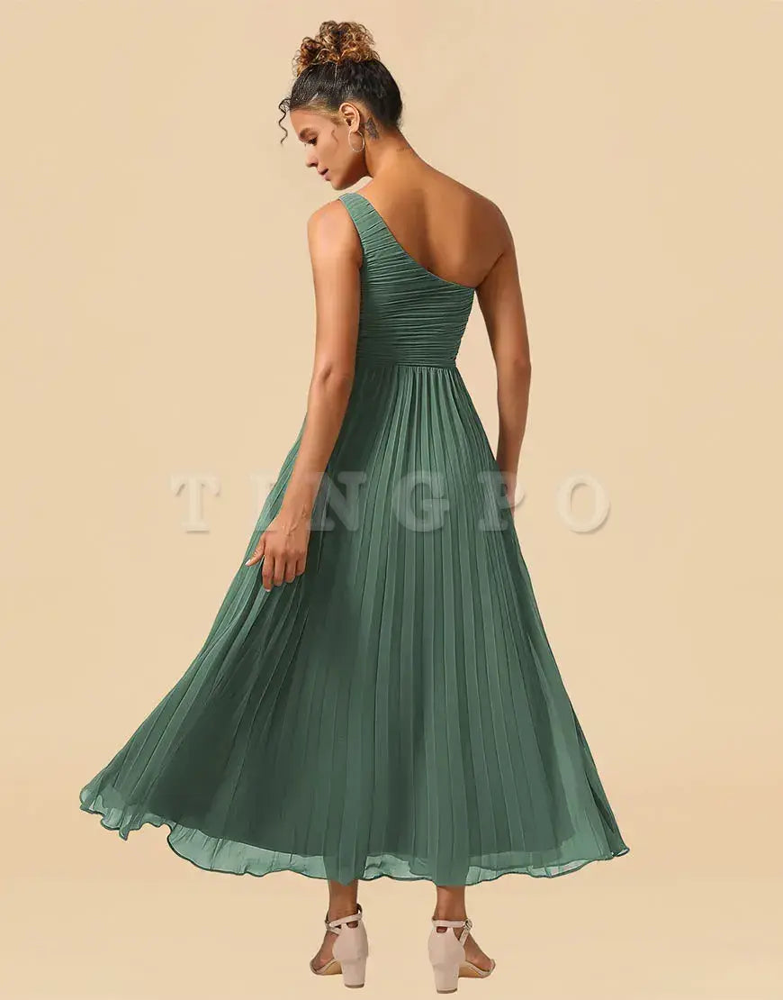 Wholesale A-Line One Shoulder Tea Length Chiffon Bridesmaid Dress Bridesmaid dress shop
