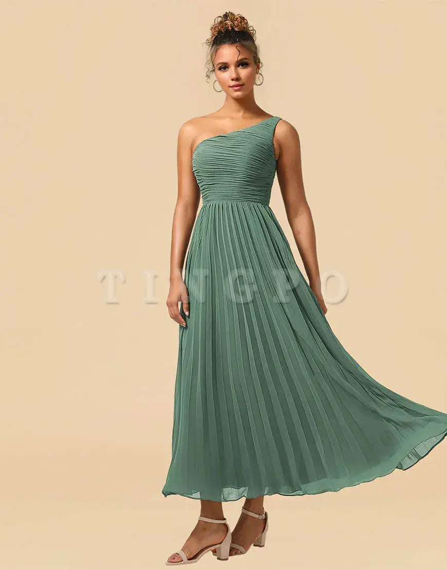 Wholesale A-Line One Shoulder Tea Length Chiffon Bridesmaid Dress Bridesmaid dress shop
