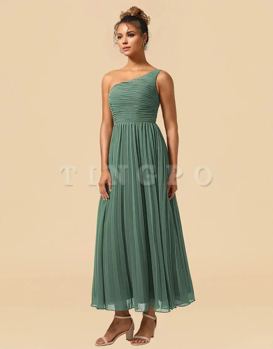Wholesale A-Line One Shoulder Tea Length Chiffon Bridesmaid Dress Bridesmaid dress shop
