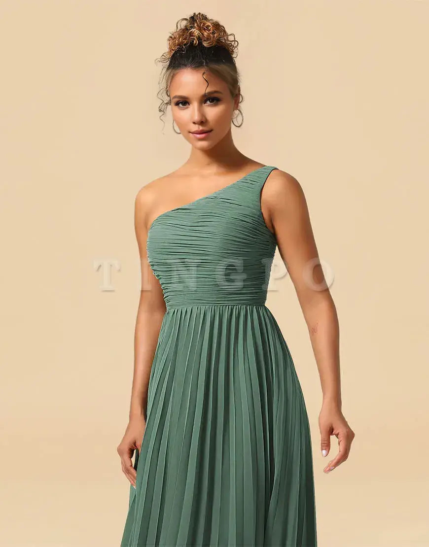 Wholesale A-Line One Shoulder Tea Length Chiffon Bridesmaid Dress Bridesmaid dress shop