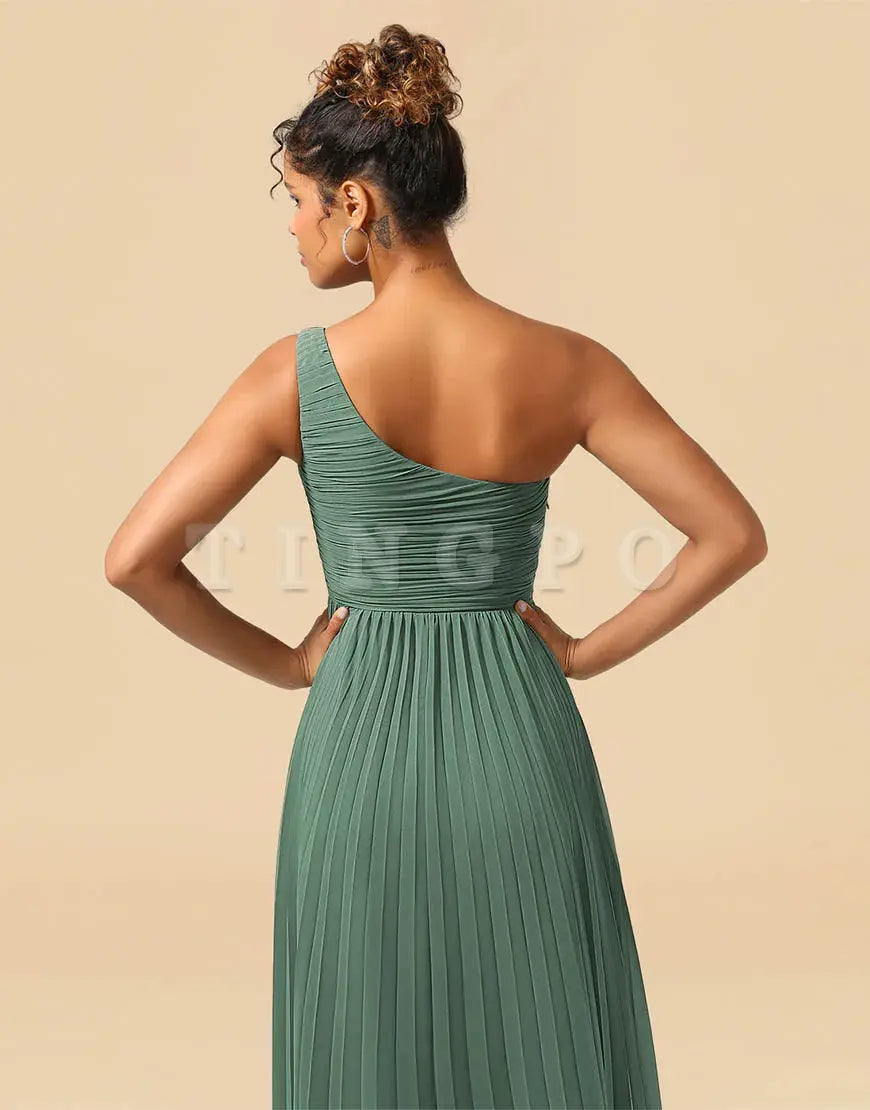 Wholesale A-Line One Shoulder Tea Length Chiffon Bridesmaid Dress Bridesmaid dress shop