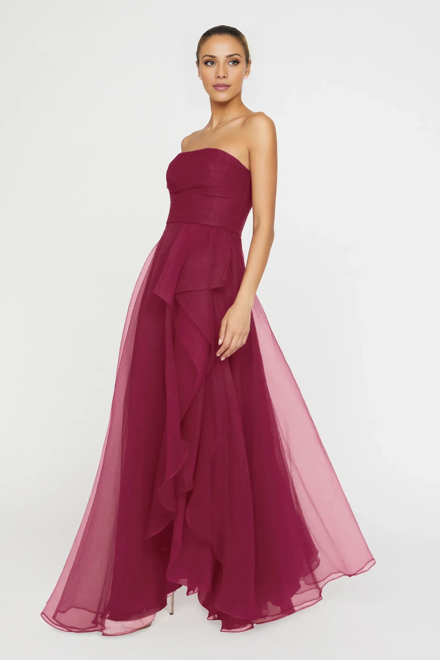 A-Line/Princess Burgundy Strapless Ruffled Chiffon High-Slit Ballgown Maxi Dress Prom Dress