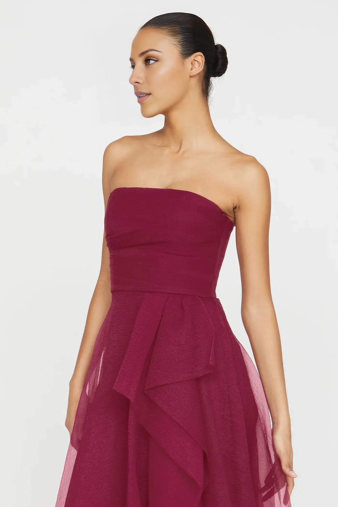 A-Line/Princess Burgundy Strapless Ruffled Chiffon High-Slit Ballgown Maxi Dress Prom Dress