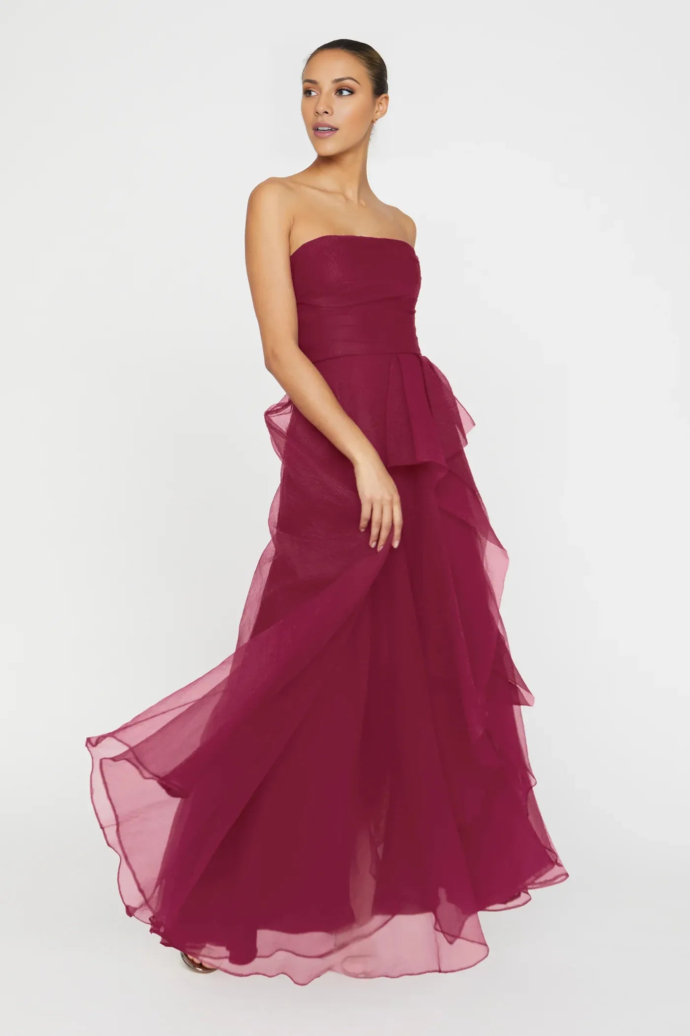 A-Line/Princess Burgundy Strapless Ruffled Chiffon High-Slit Ballgown Maxi Dress Prom Dress