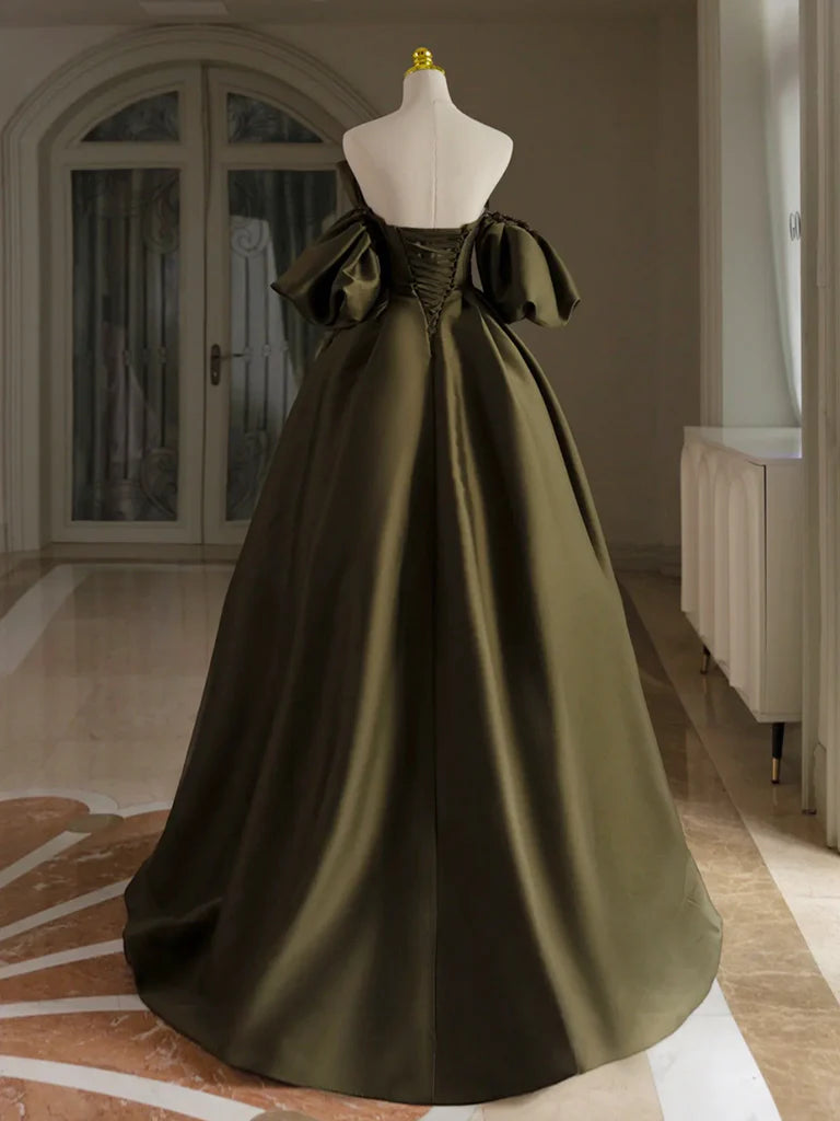 Wholesale A-Line Puff Sleeves Olive Green Satin Long Prom Dress Olive Green Long Evening Dress gowns evening dresses
