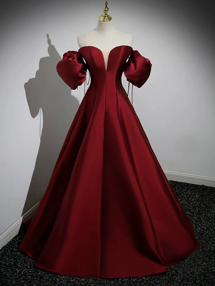 Wholesale A-Line Puff Sleeves Satin Burgundy Long Prom Dress Burgundy Long Formal Dress gowns evening dresses