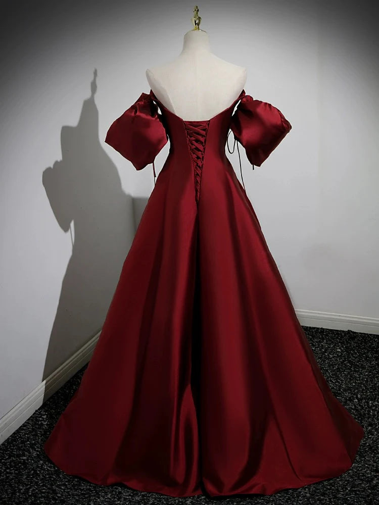 Wholesale A-Line Puff Sleeves Satin Burgundy Long Prom Dress Burgundy Long Formal Dress gowns evening dresses
