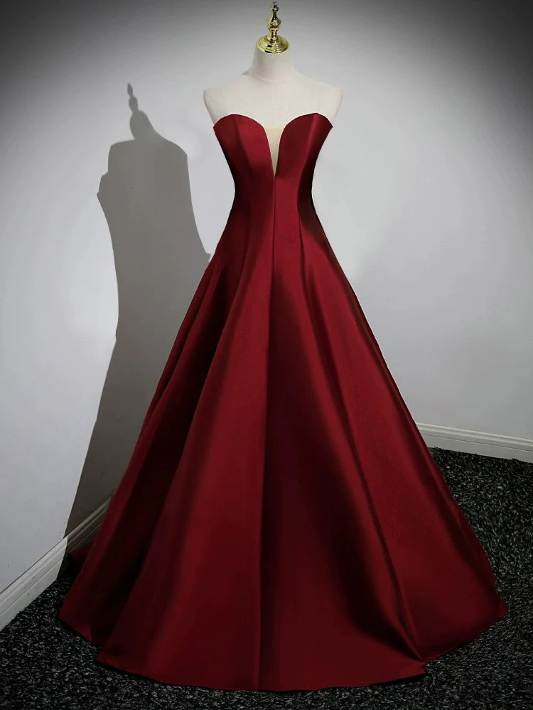 Wholesale A-Line Puff Sleeves Satin Burgundy Long Prom Dress Burgundy Long Formal Dress gowns evening dresses