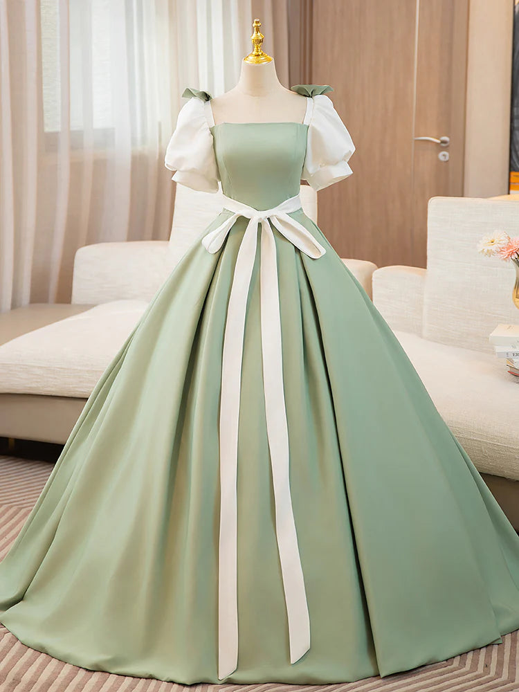 Wholesale A-Line Puff Sleeves Satin Green Long Prom Dress Green Sweet 16 Dress gowns evening dresses