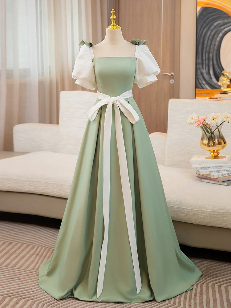 Wholesale A-Line Puff Sleeves Satin Green Long Prom Dress Green Sweet 16 Dress gowns evening dresses