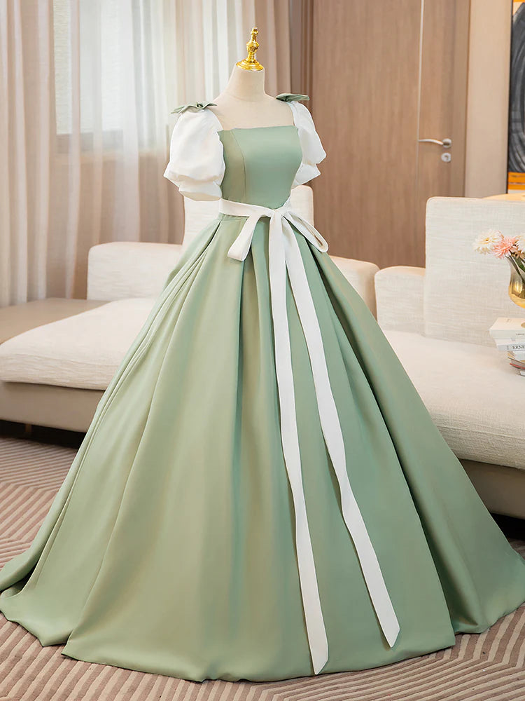 Wholesale A-Line Puff Sleeves Satin Green Long Prom Dress Green Sweet 16 Dress gowns evening dresses
