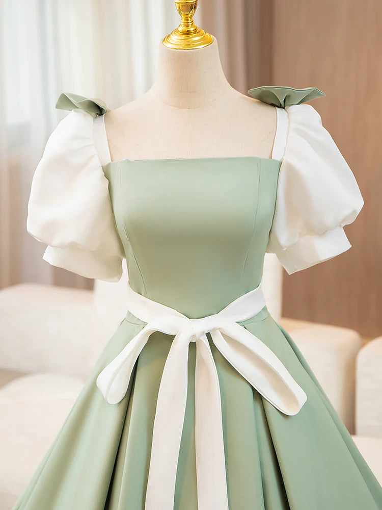 Wholesale A-Line Puff Sleeves Satin Green Long Prom Dress Green Sweet 16 Dress gowns evening dresses