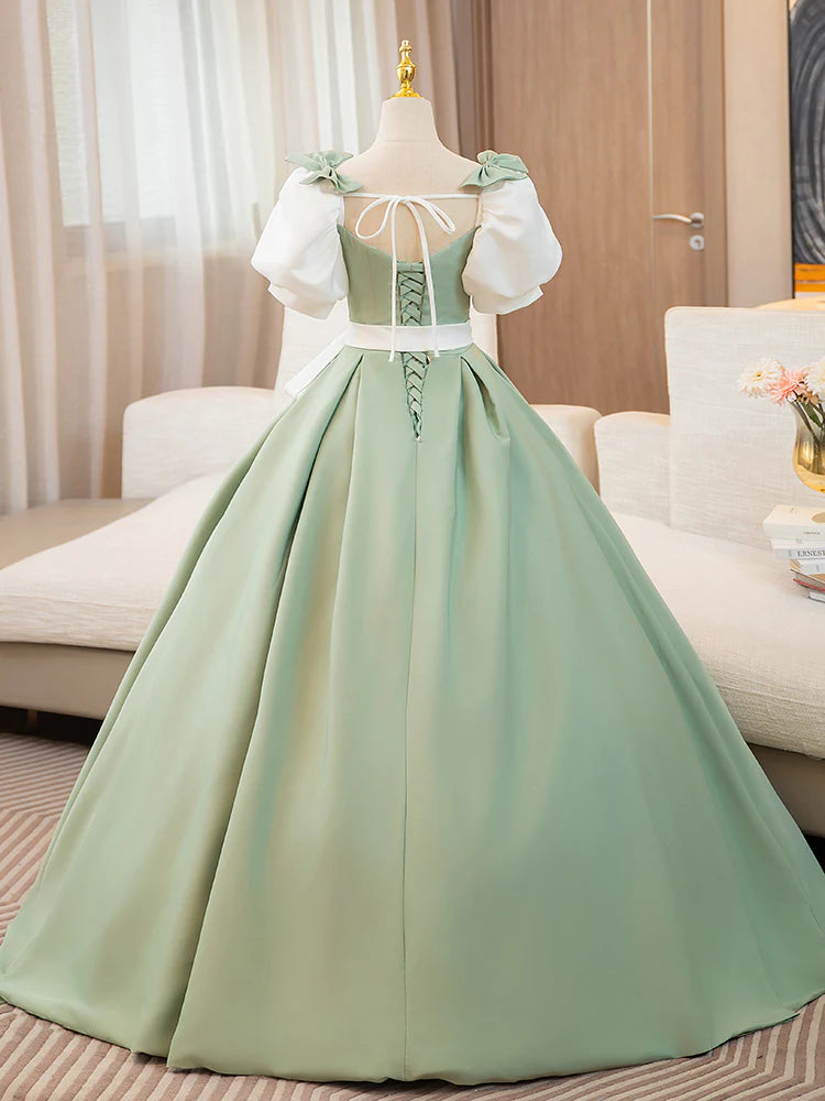 Wholesale A-Line Puff Sleeves Satin Green Long Prom Dress Green Sweet 16 Dress gowns evening dresses