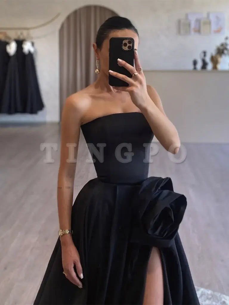Wholesale A-Line Satin Black Long Prom Dress Black Long Formal Dress gowns evening dresses