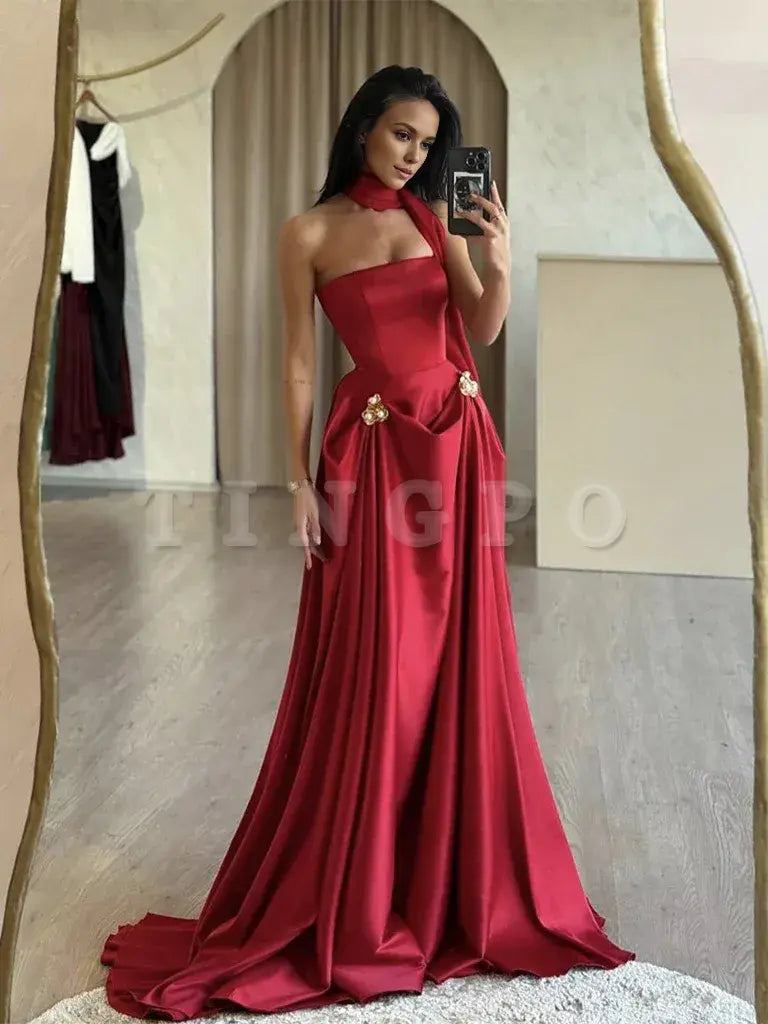 Wholesale A-Line Satin Red Long Prom Dress Red Long Evening Dress gowns evening dresses