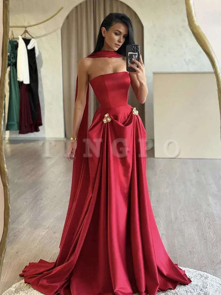 Wholesale A-Line Satin Red Long Prom Dress Red Long Evening Dress gowns evening dresses