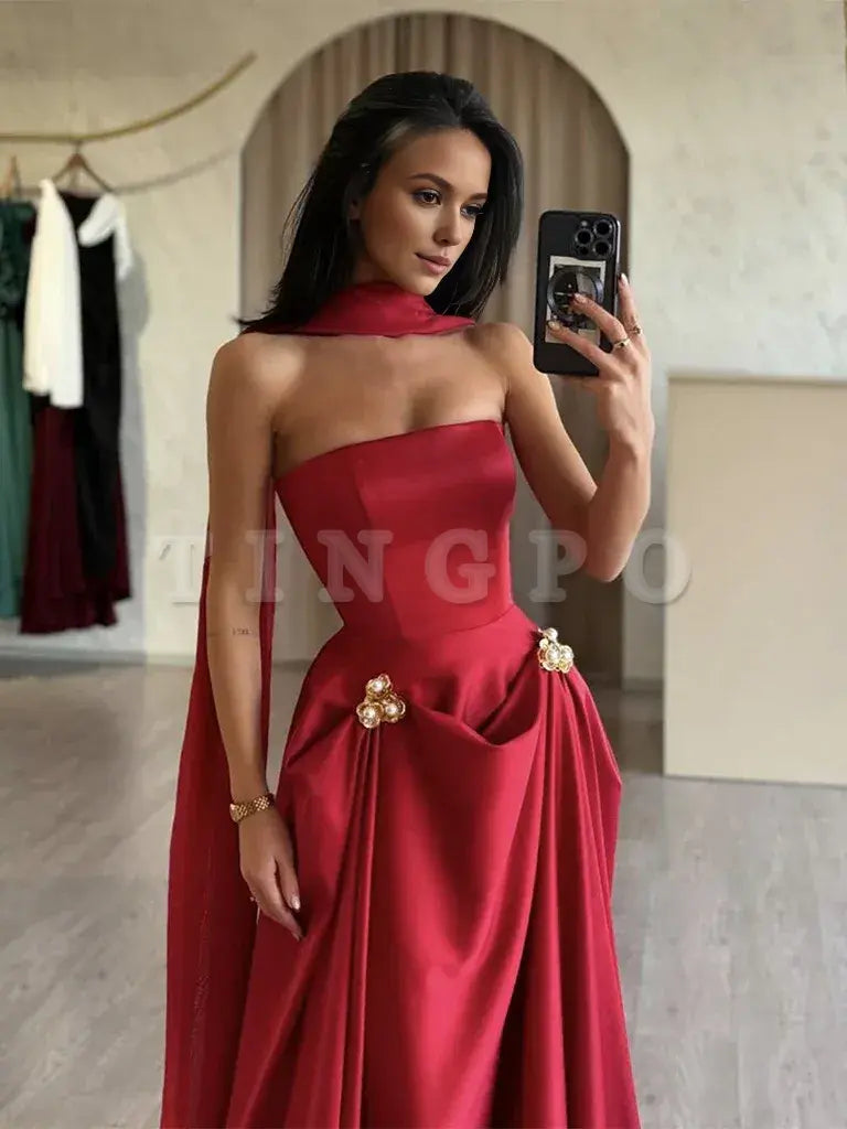 Wholesale A-Line Satin Red Long Prom Dress Red Long Evening Dress gowns evening dresses