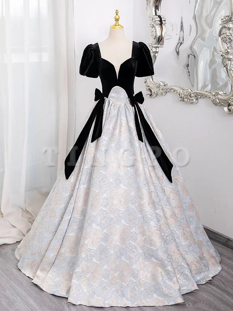 Wholesale A-Line Short sleeve Satin Velvet Long Prom Dress Black Long Formal Dress gowns evening dresses