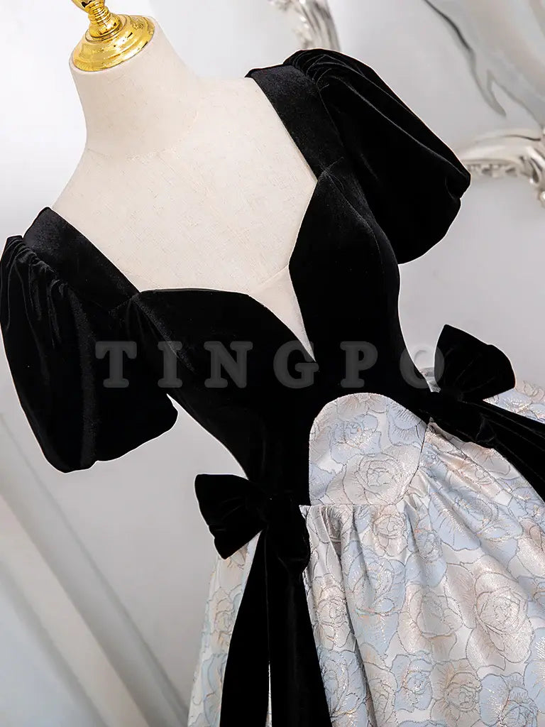 Wholesale A-Line Short sleeve Satin Velvet Long Prom Dress Black Long Formal Dress gowns evening dresses