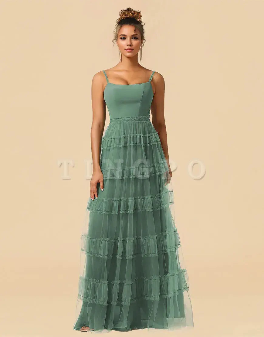 Wholesale A-Line Spaghetti Straps Floor Length Chiffon And Tulle Bridesmaid Dress Bridesmaid dress shop