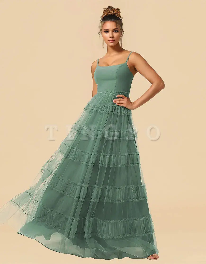 Wholesale A-Line Spaghetti Straps Floor Length Chiffon And Tulle Bridesmaid Dress Bridesmaid dress shop
