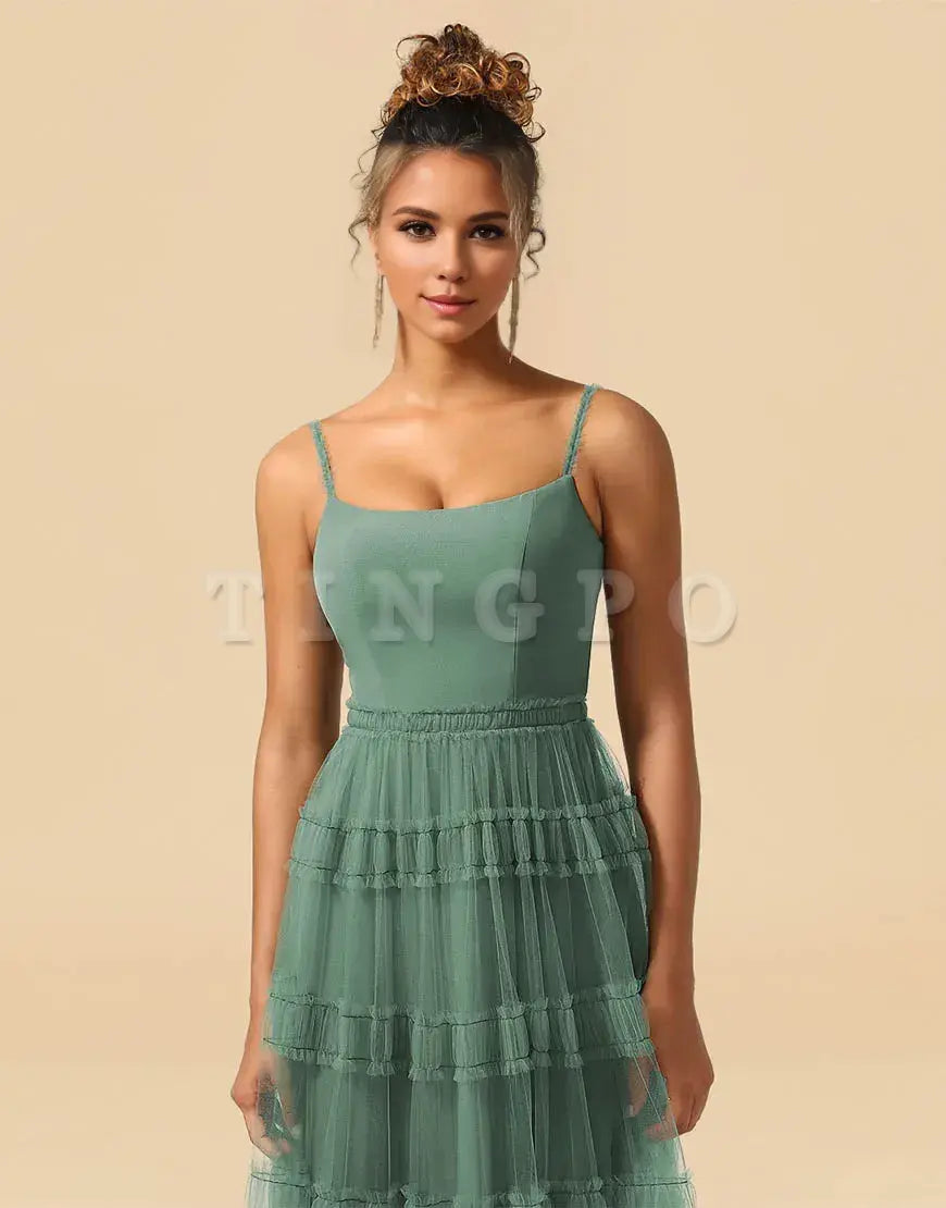 Wholesale A-Line Spaghetti Straps Floor Length Chiffon And Tulle Bridesmaid Dress Bridesmaid dress shop