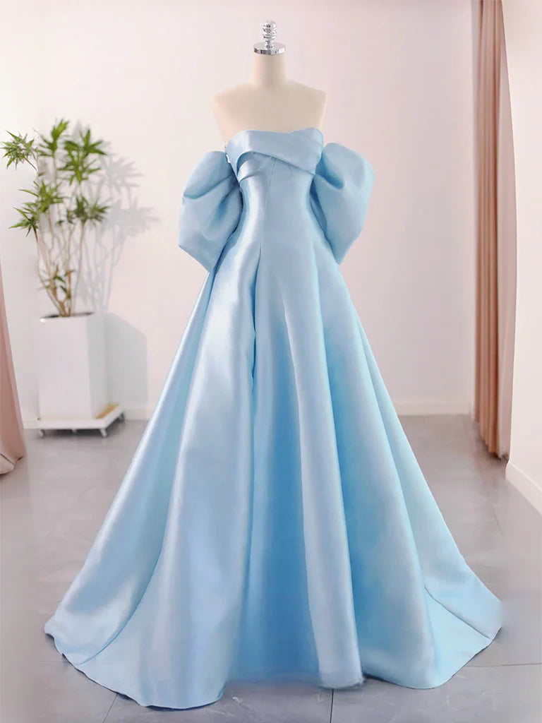 Wholesale A-Line Sweetheart Neck Satin Blue Long Prom Dress Blue Long Formal Dress gowns evening dresses