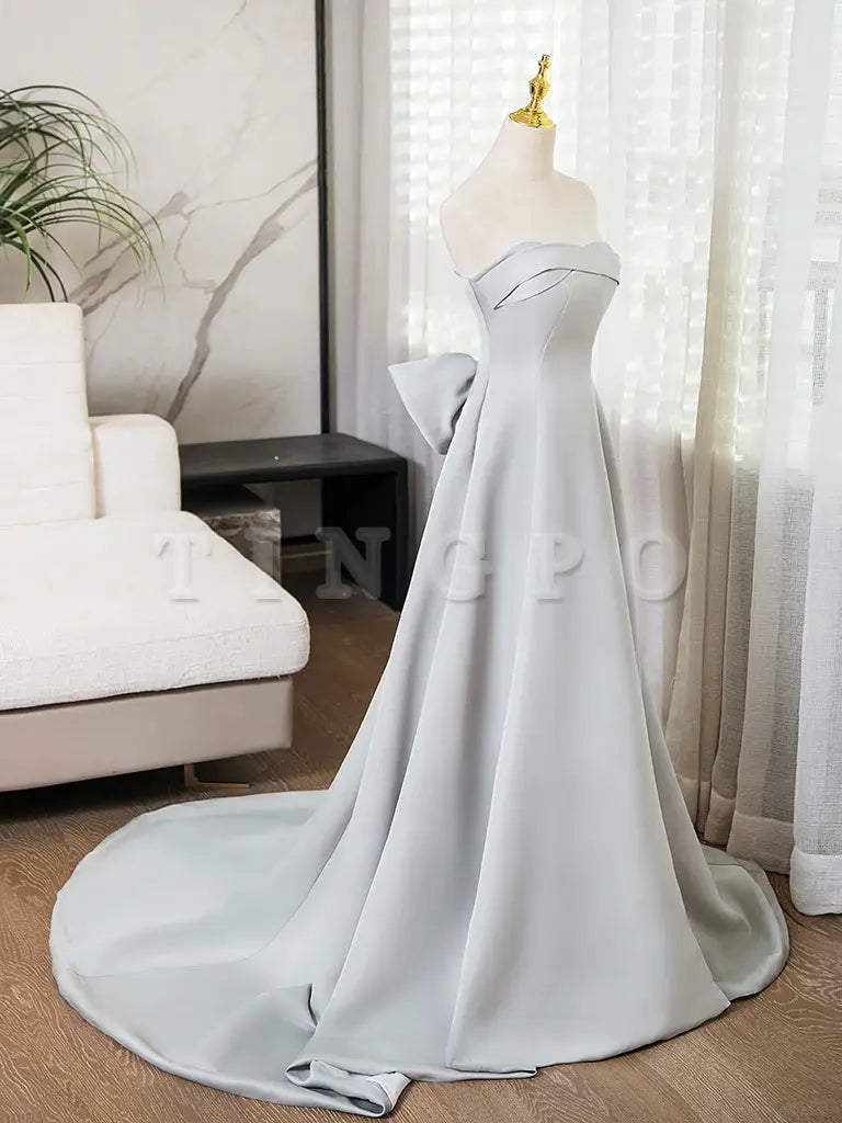 Wholesale A-Line Sweetheart Neck Satin Gray Long Prom Dress Gray Long Formal Dress gowns evening dresses ﻿
