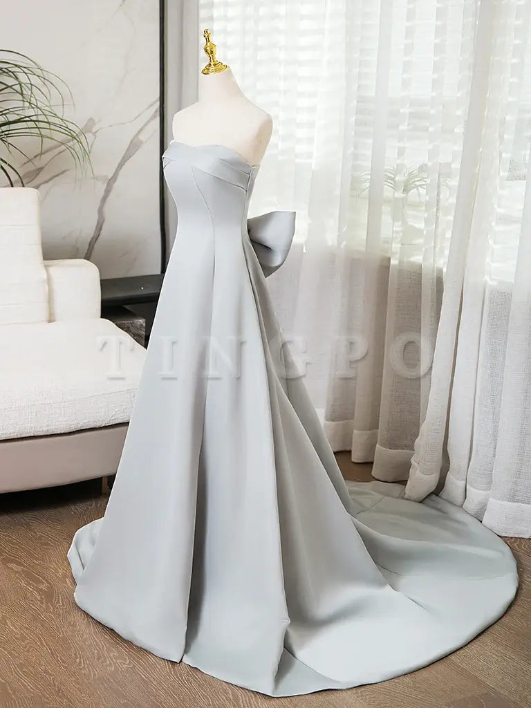 Wholesale A-Line Sweetheart Neck Satin Gray Long Prom Dress Gray Long Formal Dress gowns evening dresses ﻿