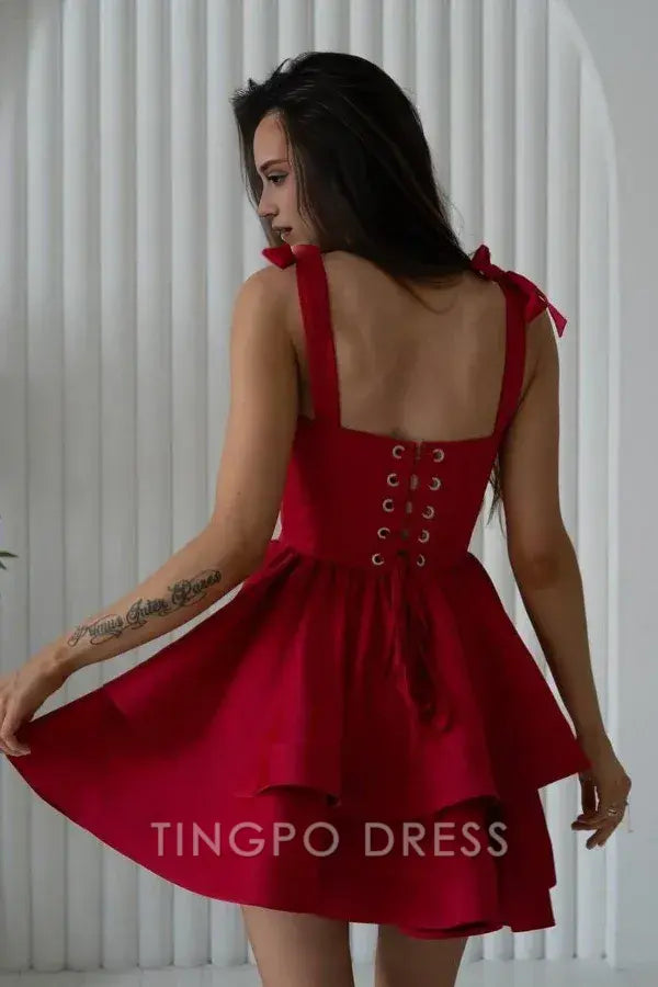 TingPo Wholesale Elegant A-Line Sweetheart Neck Straps Sleeveless Tiered Lace Up Mini Party Dress Homecoming Dress Evening Gown formal wear dresses
