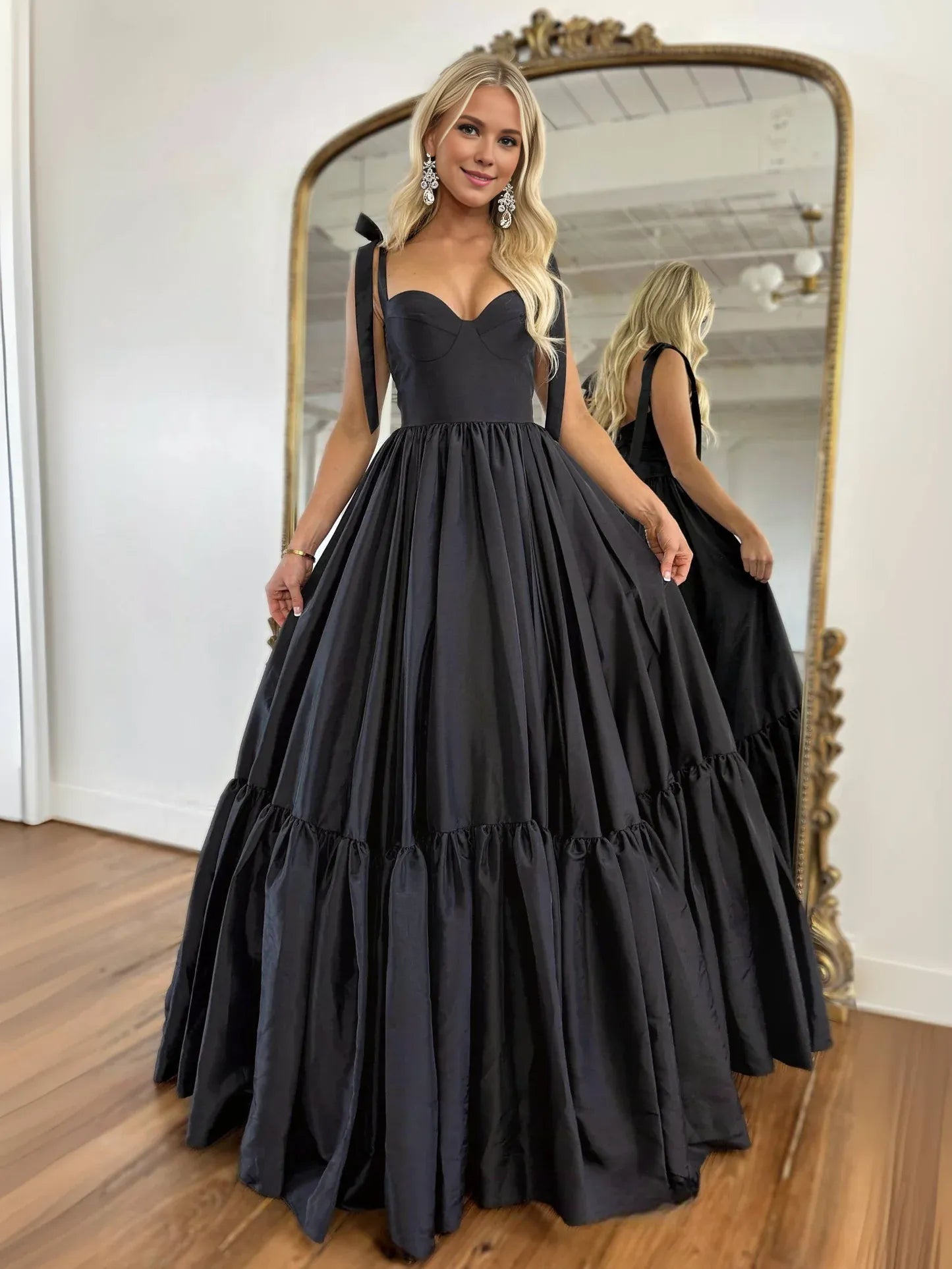 Wholesale A-Line Sweetheart Neck Taffeta Black Long Prom Dress Black Long Evening Dress gowns evening dresses