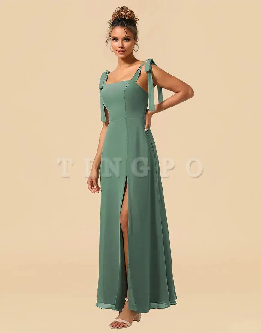 Wholesale A-Line Tie Straps Floor Length Chiffon Bridesmaid Dress with Split Bridesmaid dress shop