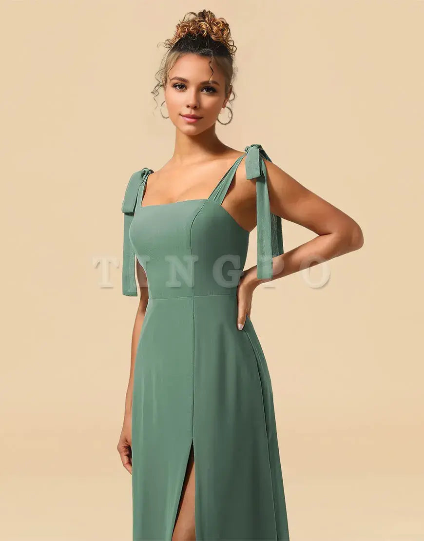 Wholesale A-Line Tie Straps Floor Length Chiffon Bridesmaid Dress with Split Bridesmaid dress shop