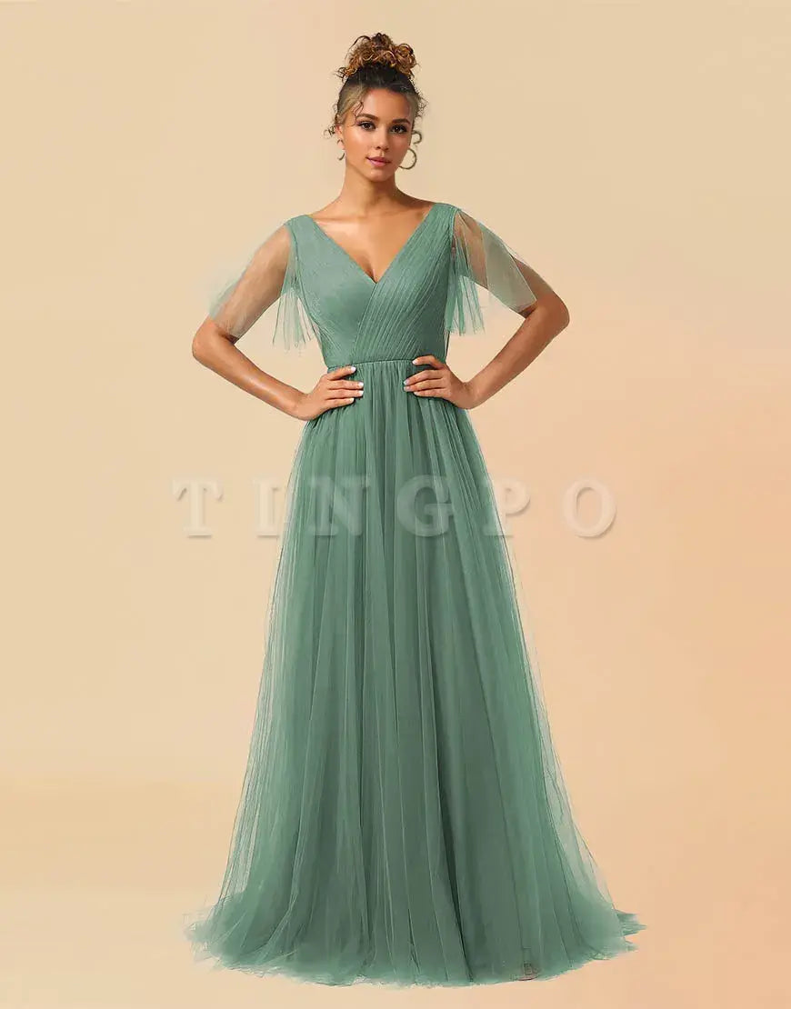 Wholesale A-Line V-Neck Floor Length Tulle Bridesmaid Dress Bridesmaid dress shop
