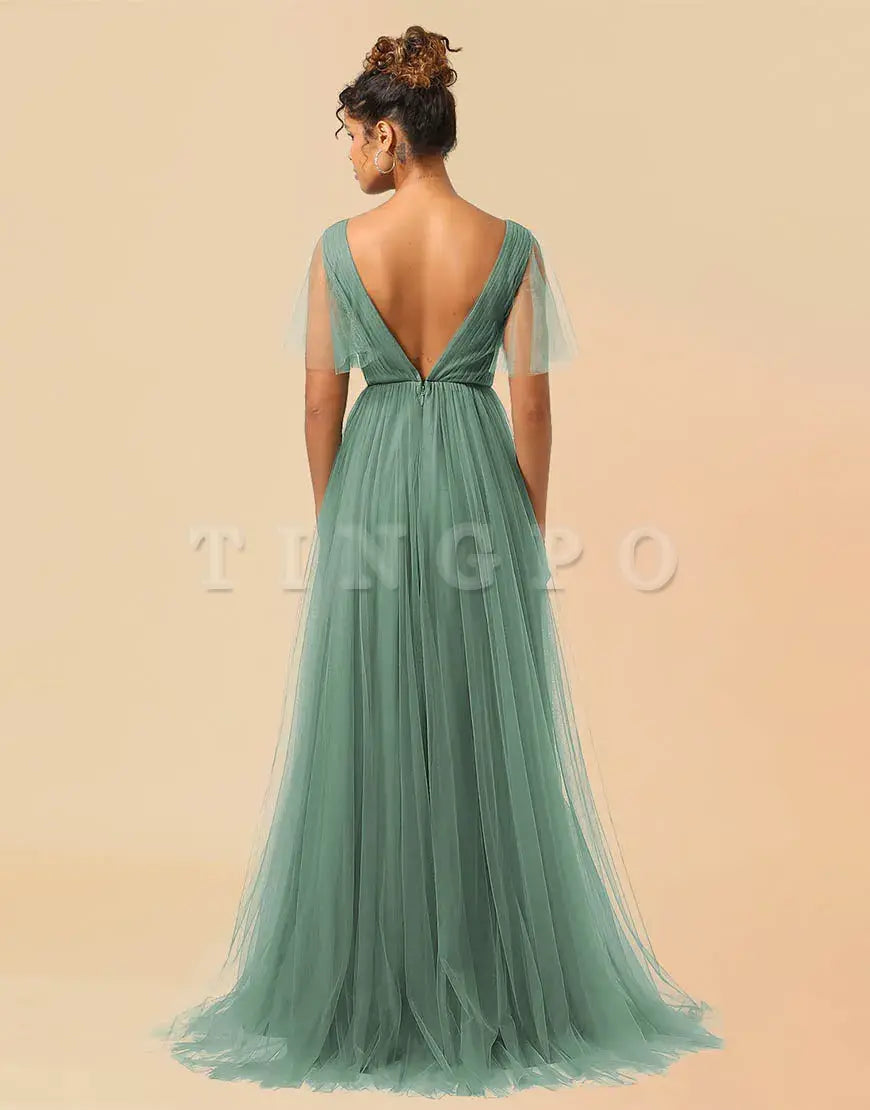 Wholesale A-Line V-Neck Floor Length Tulle Bridesmaid Dress Bridesmaid dress shop