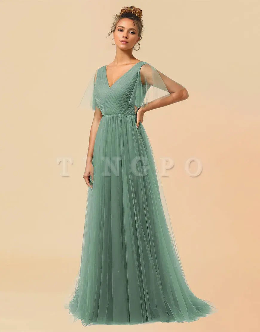 Wholesale A-Line V-Neck Floor Length Tulle Bridesmaid Dress Bridesmaid dress shop