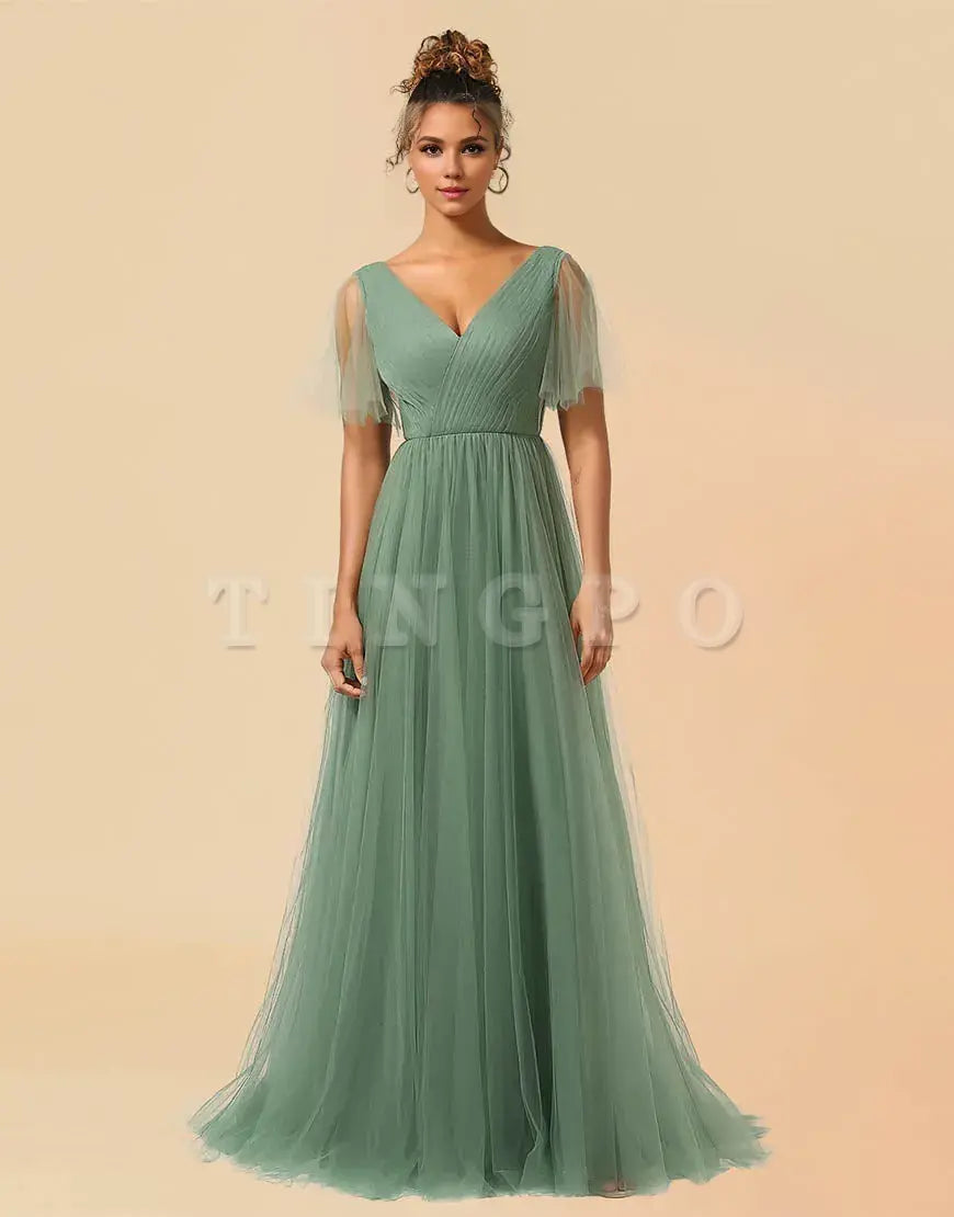 Wholesale A-Line V-Neck Floor Length Tulle Bridesmaid Dress Bridesmaid dress shop